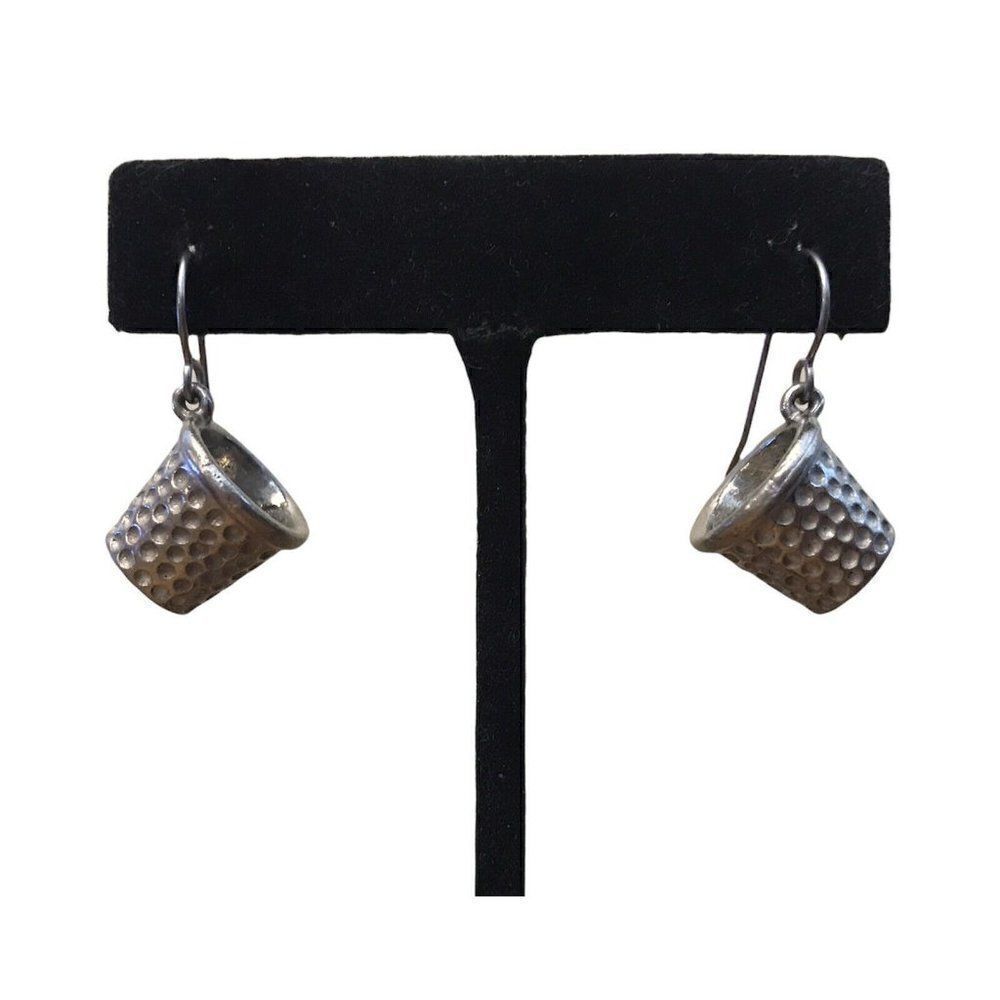 Clift Thimble Pierced Earrings Drop Dangle Silver Tone Metal Sewing Crafting Vtg